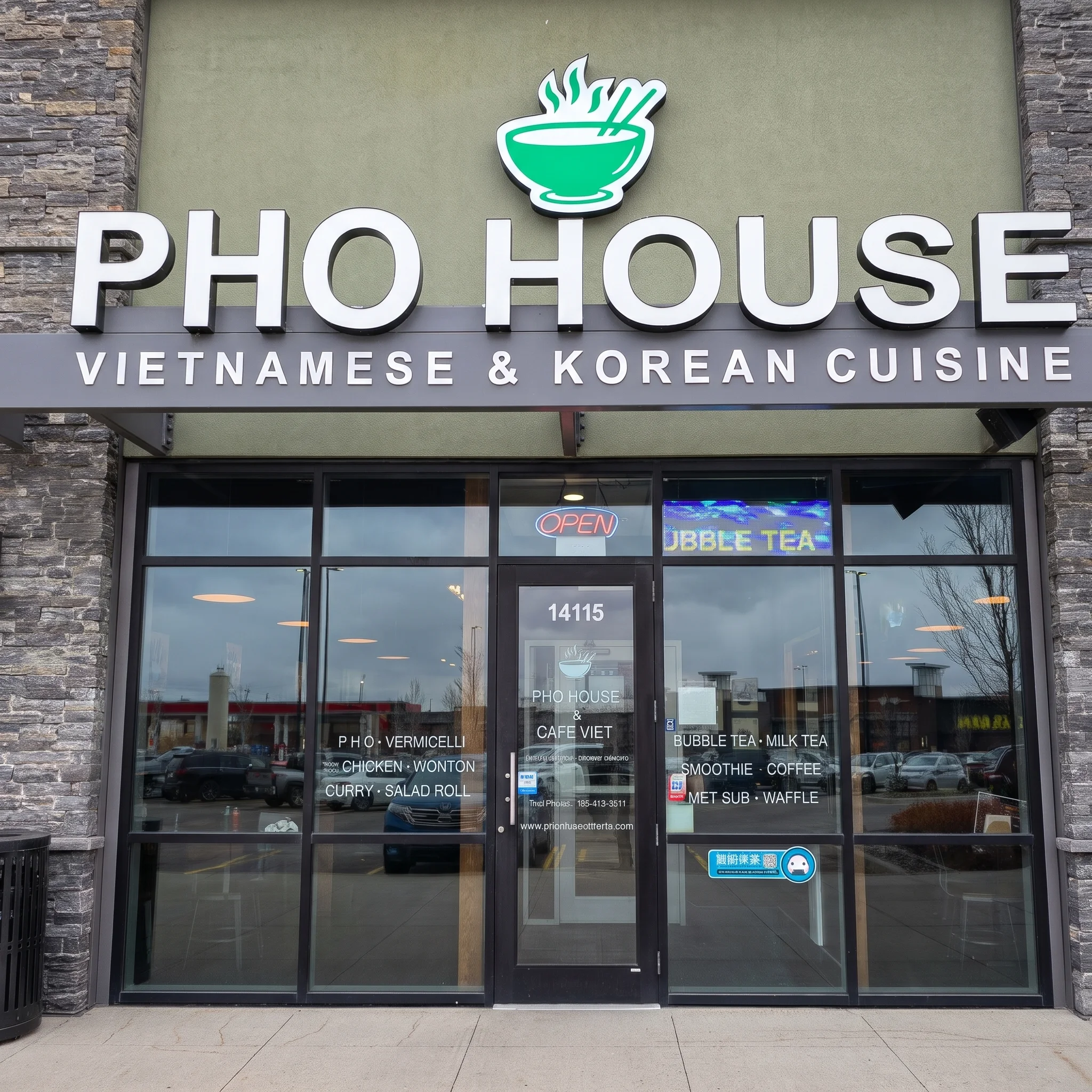 Pho House storefront with Vietnamese & Korean Cuisine sign at 14115 28 Ave SW, Edmonton