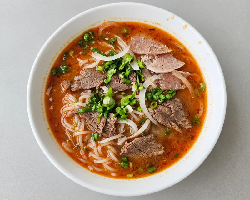 Bowl of bun bo hue: spicy lemongrass beef noodle soup with sliced beef, onion and green onion (illustrative image)